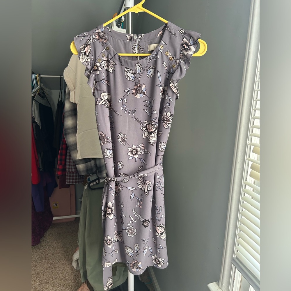 LOFT Lavender-Gray Floral Midi Dress with Ruffle Sleeves